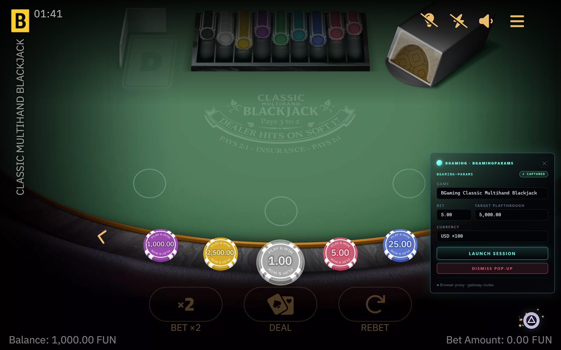 A BGaming blackjack table with the SlotBot launcher open: the session is captured and a bet and target are set, ready to launch.