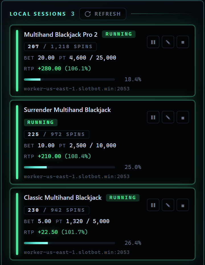 The SlotBot popup listing three live blackjack sessions with spins, bet, playthrough, RTP and progress.