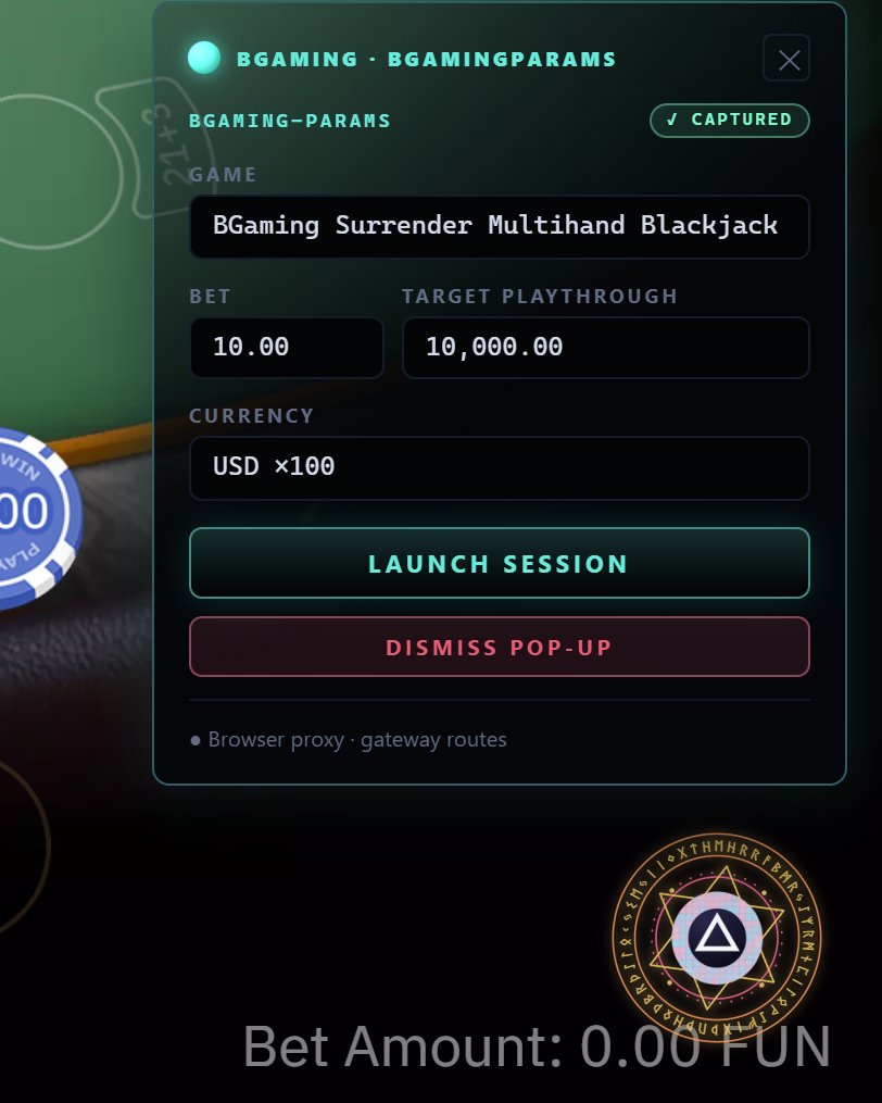 The SlotBot launcher over a blackjack table with the orb lit up and the session captured